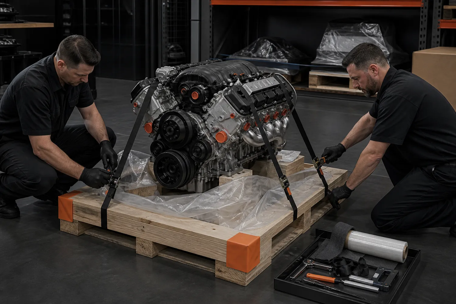 Technicians securing a replacement engine to a freight pallet