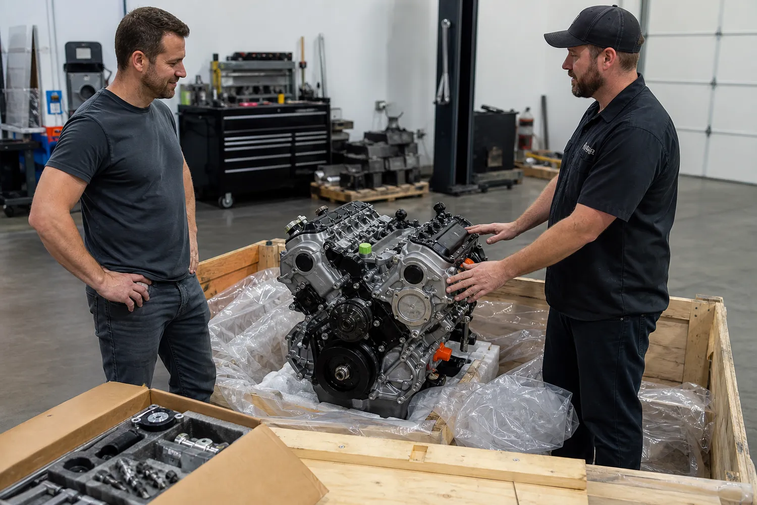 Customer and technician examining an unpacked replacement engine