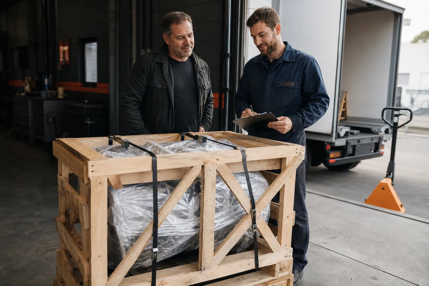 Customer and technician inspecting a delivered engine crate