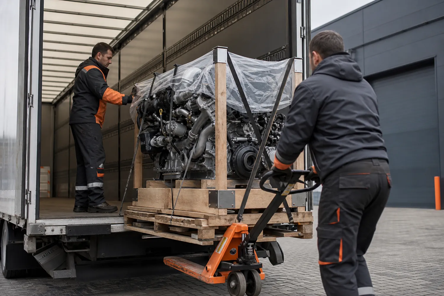 Crated engine being loaded into an enclosed freight truck