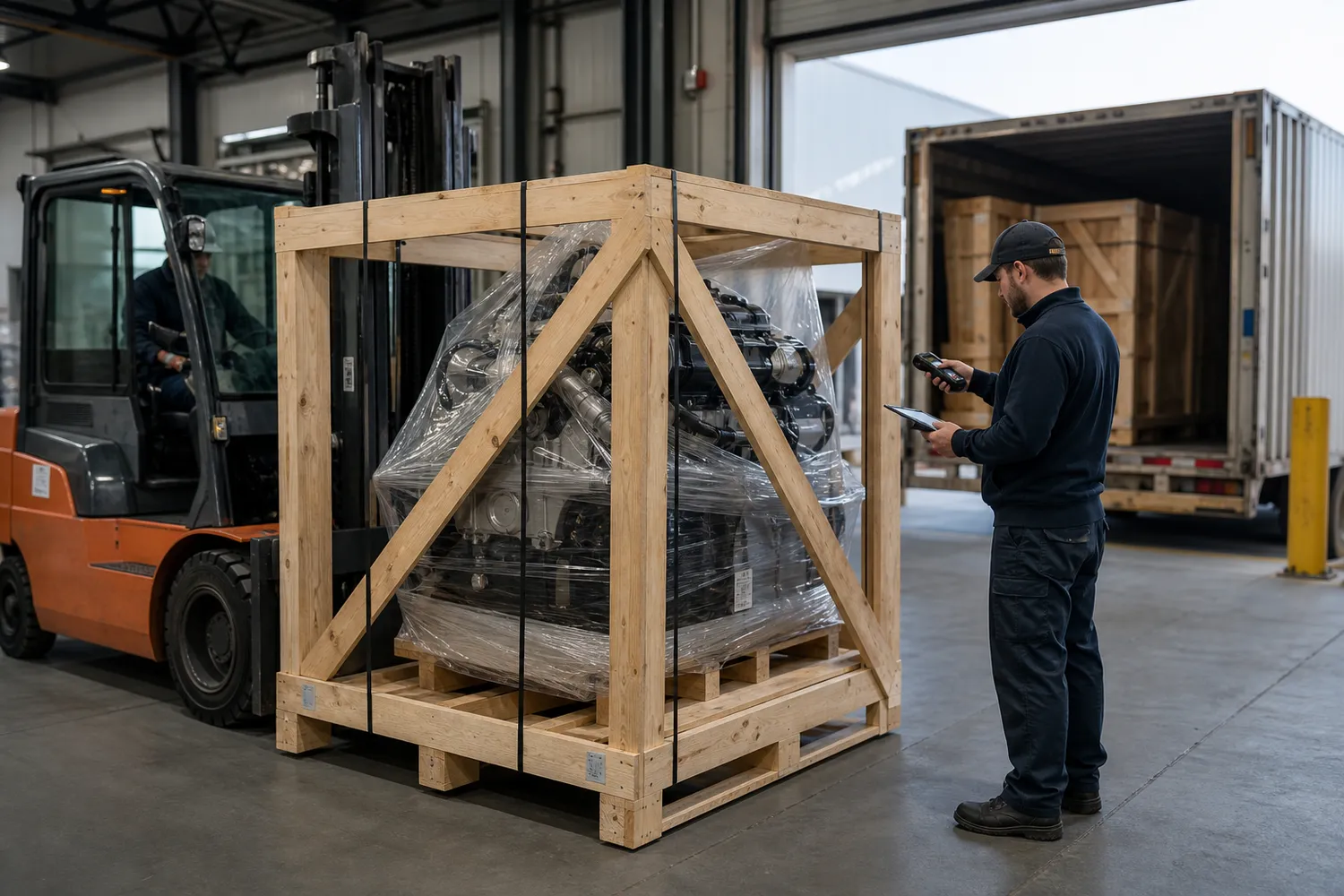 Engine crate being scanned at a professional freight terminal